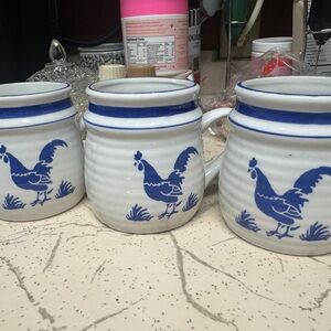 Set of Blue and White Rooster Mugs
